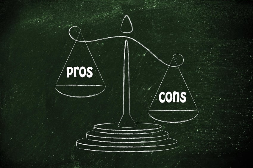 Scale weighing 'pros' and 'cons' with 'cons' outweighing 'pros'