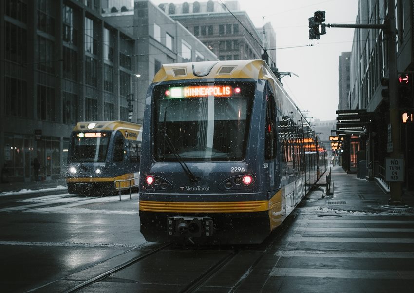 City buses in downtown Minneapolis, Minnesota on gloomy day