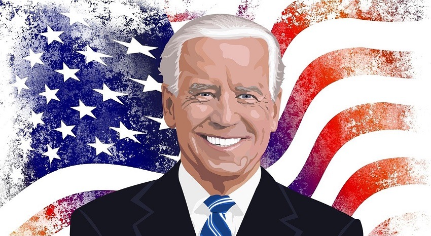 Illustration of 46th United States President Joseph Biden smiling in front of American Flag-themed background